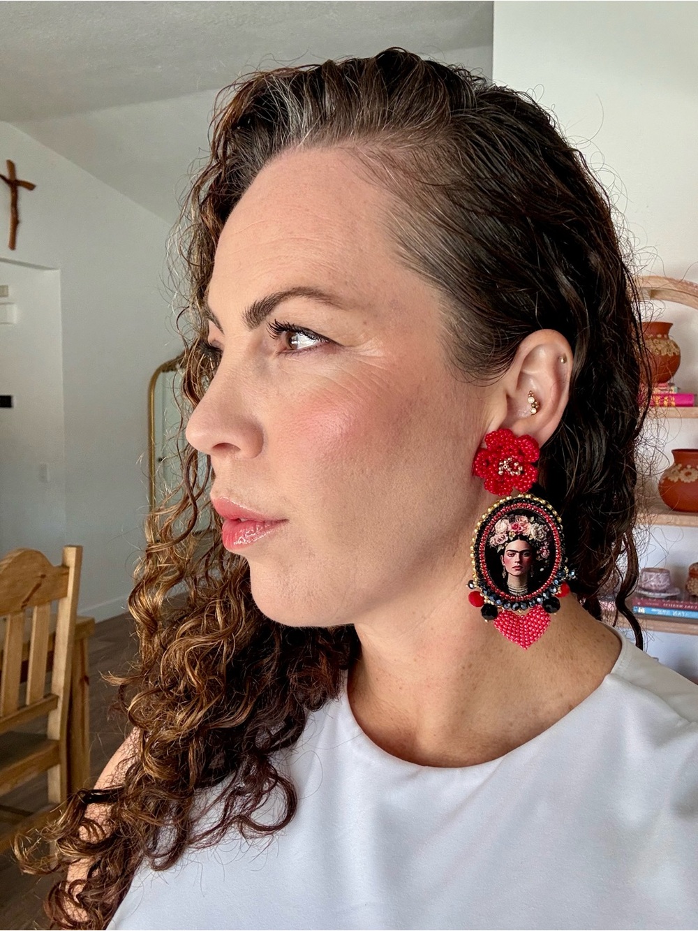 Frida Portrait Red Beaded Drop Earrings - Women Jewelry